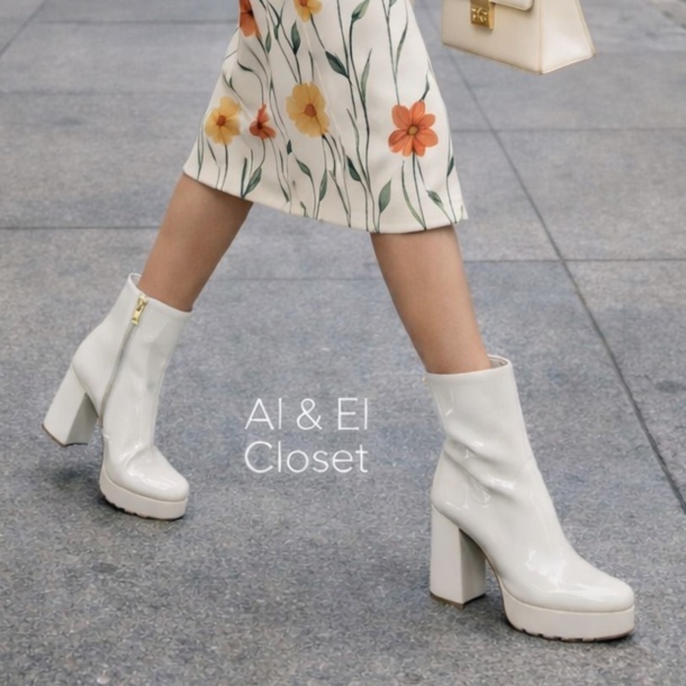 Guess BYRA Women’s Platform Block Heel Ankle Boots Ivory Patent, Size 6M NIB